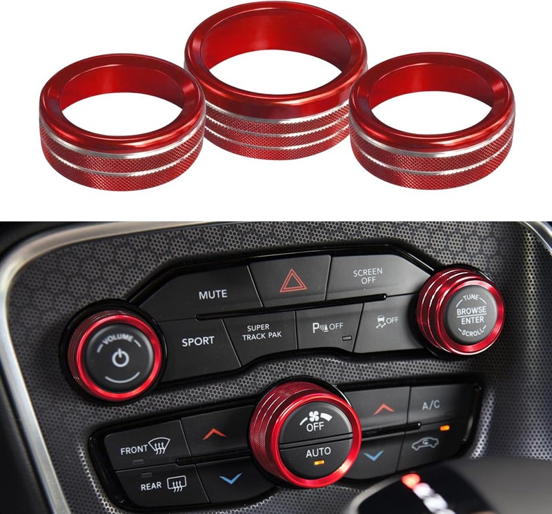 DWARFOO 3PCS Air Conditioner Switch Button Knob Cover, Aluminum Alloy A/C Decal Trim Rings, Car Interior Decor Accessories AC Climate Control Knob Outer Ring Replacement for Dodge Challenger Durango 2015-2022 - Image 1